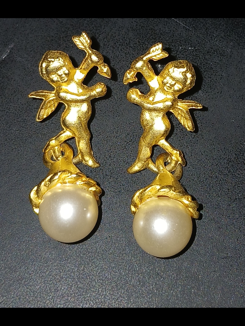 Jim Shore Gold Cherub Drop Earrings with Pearl
